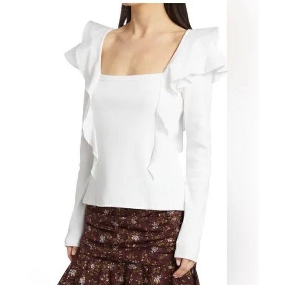 VERONICA BEARD Jeans Gidea White Ribbed Rib Knit Ruffle Cotton Poplin Top M - Picture 3 of 10